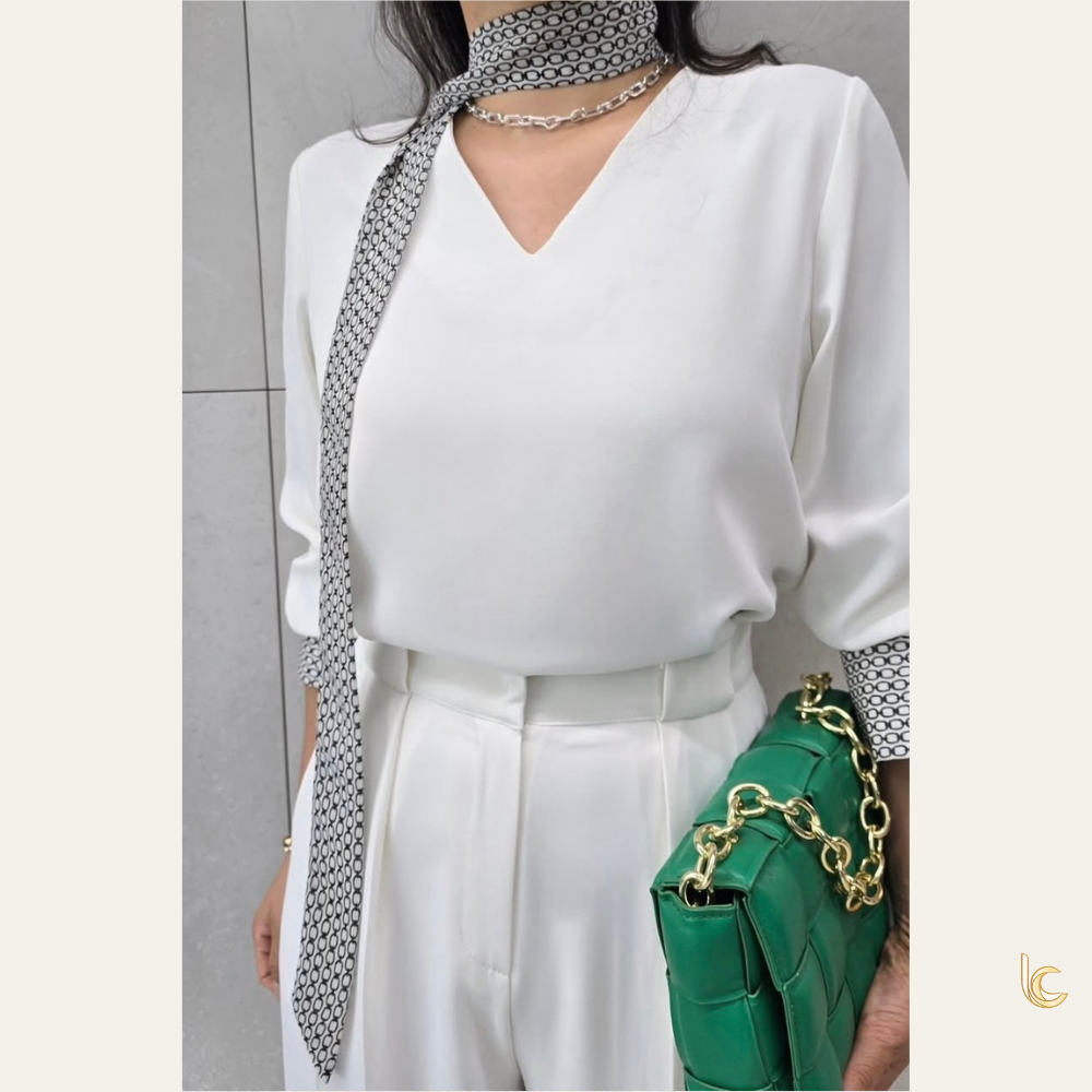 V-Neck Scarf Blouse – Elegant Stretch Silk-Feel Office Top