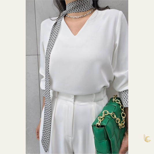 V-Neck Scarf Blouse – Elegant Stretch Silk-Feel Office Top