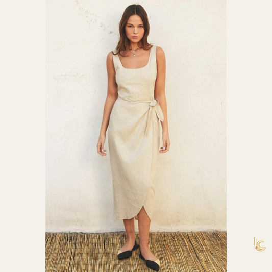 Square Neck Wrap Midi Dress – Cotton Linen Tulip Hem Dress