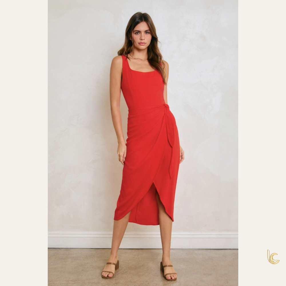 Square Neck Wrap Midi Dress – Cotton Linen Tulip Hem Dress