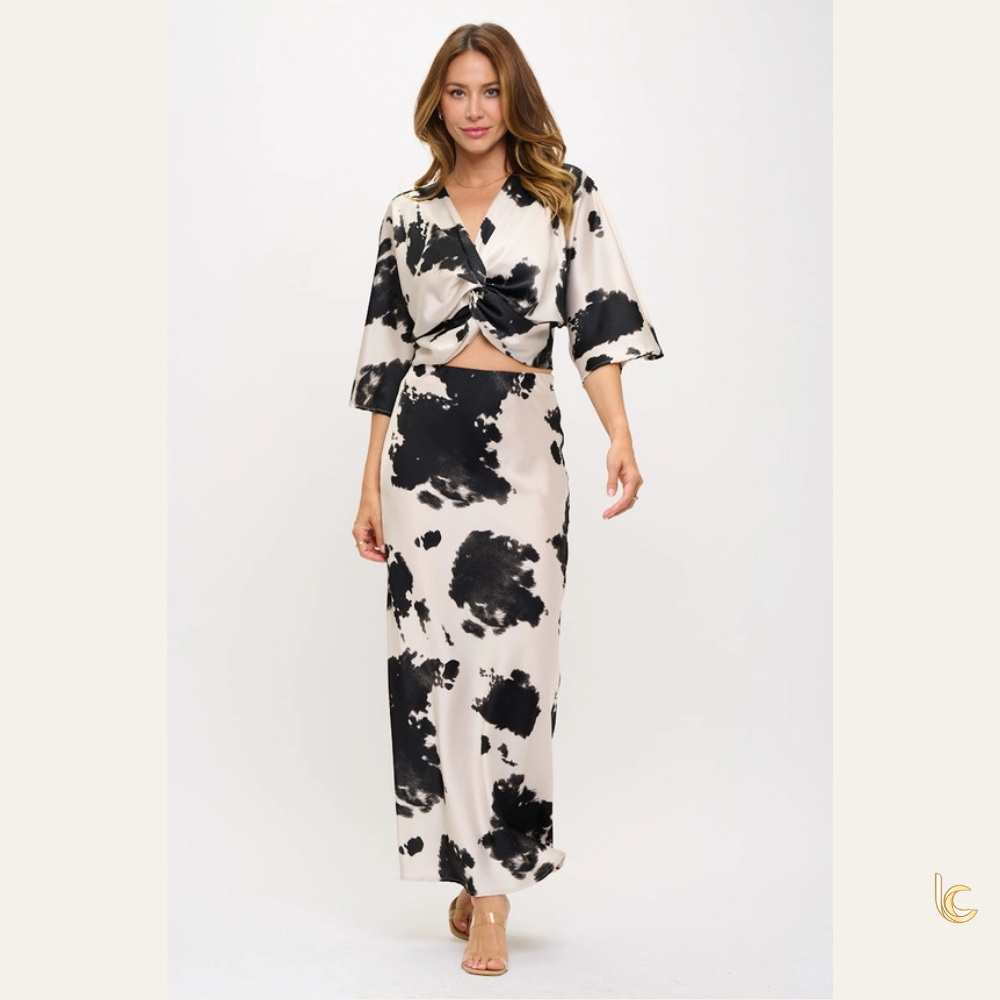 Cow Print Front Twist Top & Skirt -Made in USA