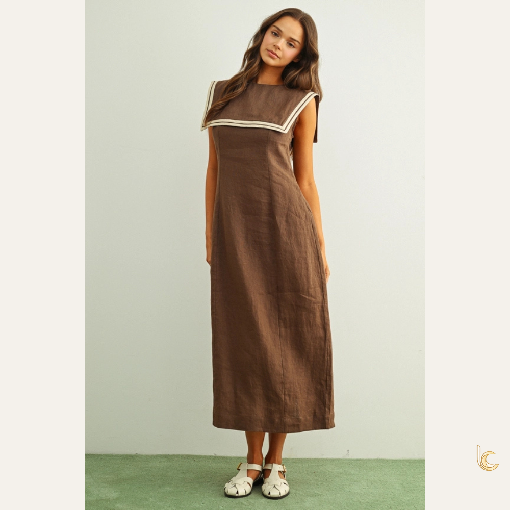 Sailor Collar Linen Sleeveless Long Dress – Relaxed Fit Summer Maxi Dress in Brown