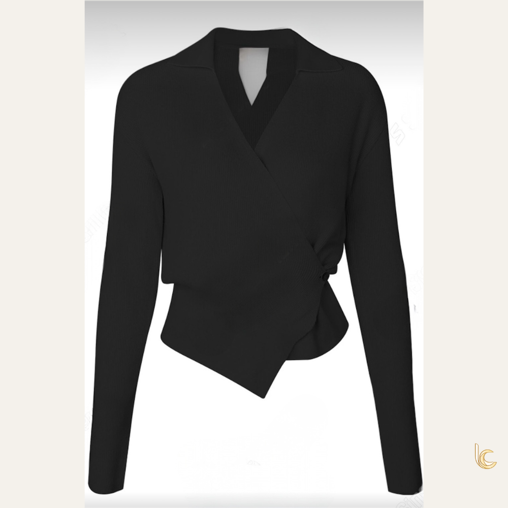 Wrap Knit Top – Elegant Slim Fit Long Sleeve Minimal Blouse