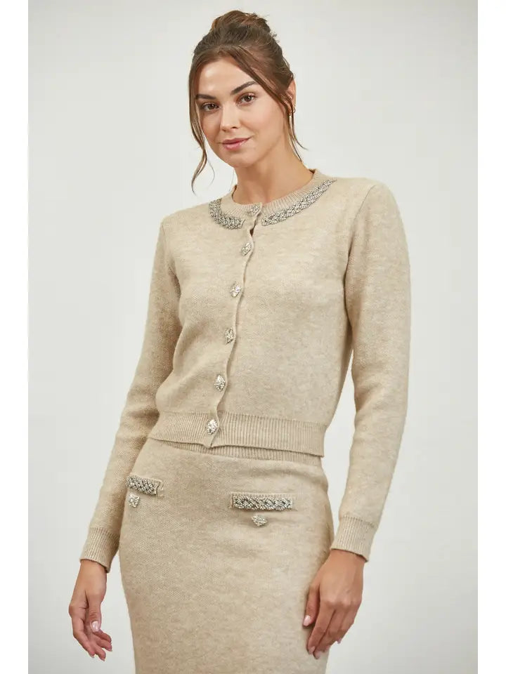 Jeweled Knit Cardigan &amp; Matching Midi Pencil Skirt Set