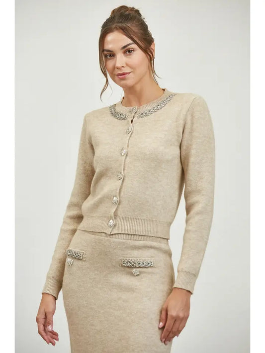 Jeweled Knit Cardigan & Matching Midi Pencil Skirt Set