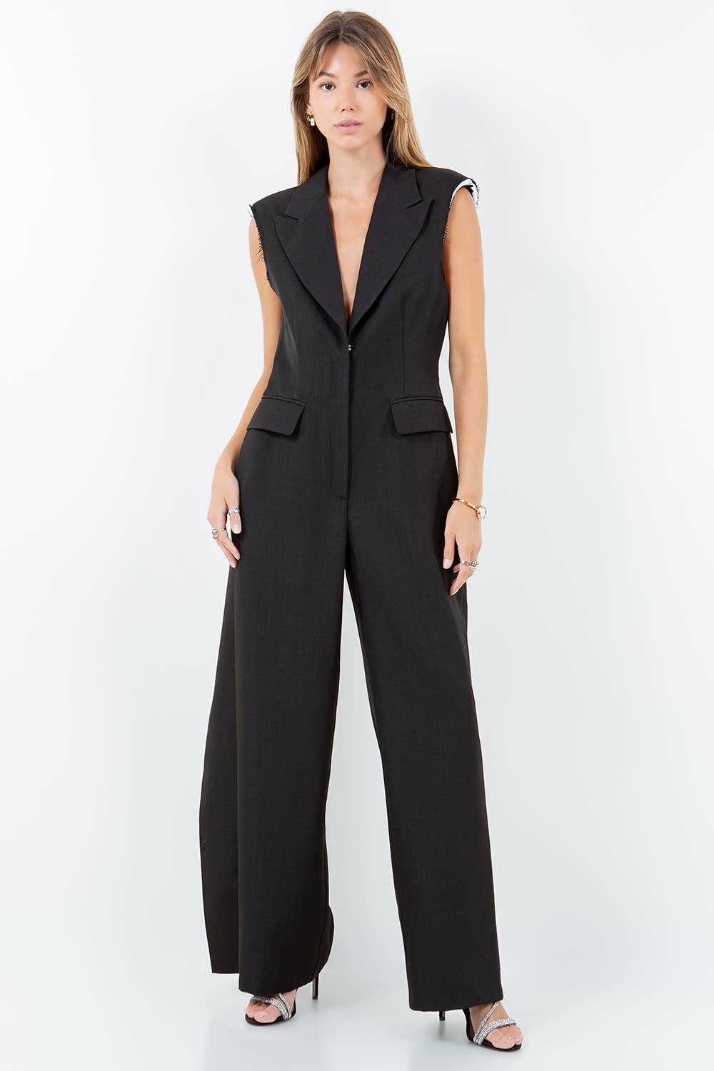 Black Tailored Jumpsuit with Exposed Shoulder Pads & Sleek Fit