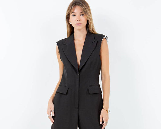 Black Tailored Jumpsuit with Exposed Shoulder Pads & Sleek Fit