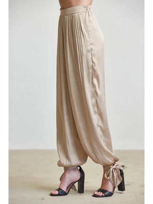 Satin Pleated Wide-Leg Pants with Tie Cuff Hem
