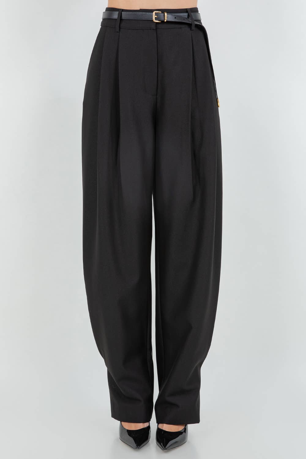 Black Soft Woven Pleated Trousers with Tapered Leg