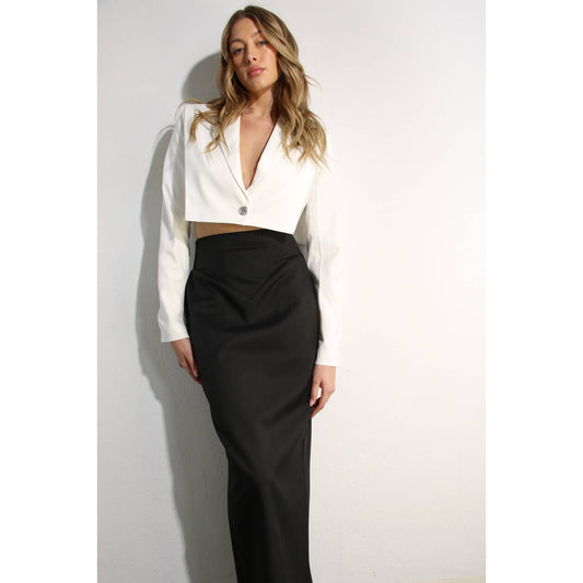 White Cropped Blazer & Black High-Waisted Maxi Skirt Set