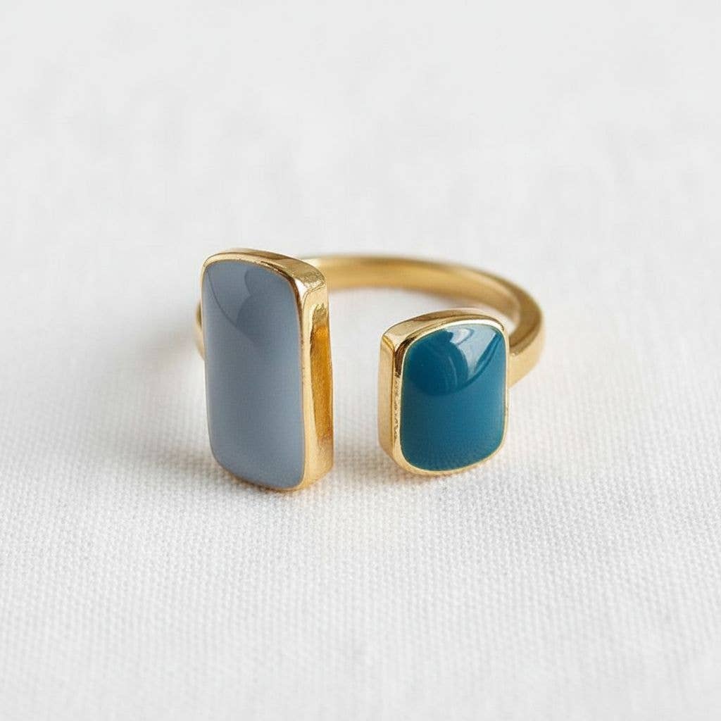 Retro Geometric Adjustable Ring in Misty Blue