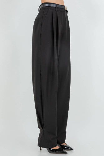 Black Soft Woven Pleated Trousers with Tapered Leg