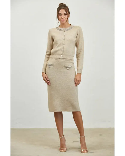 Jeweled Knit Cardigan &amp; Matching Midi Pencil Skirt Set