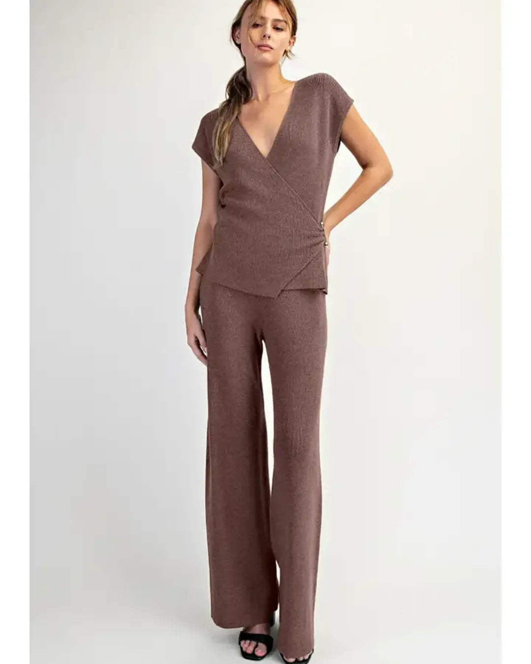 Ribbed Knit Wrap Top &amp; Wide-Leg Pant Set