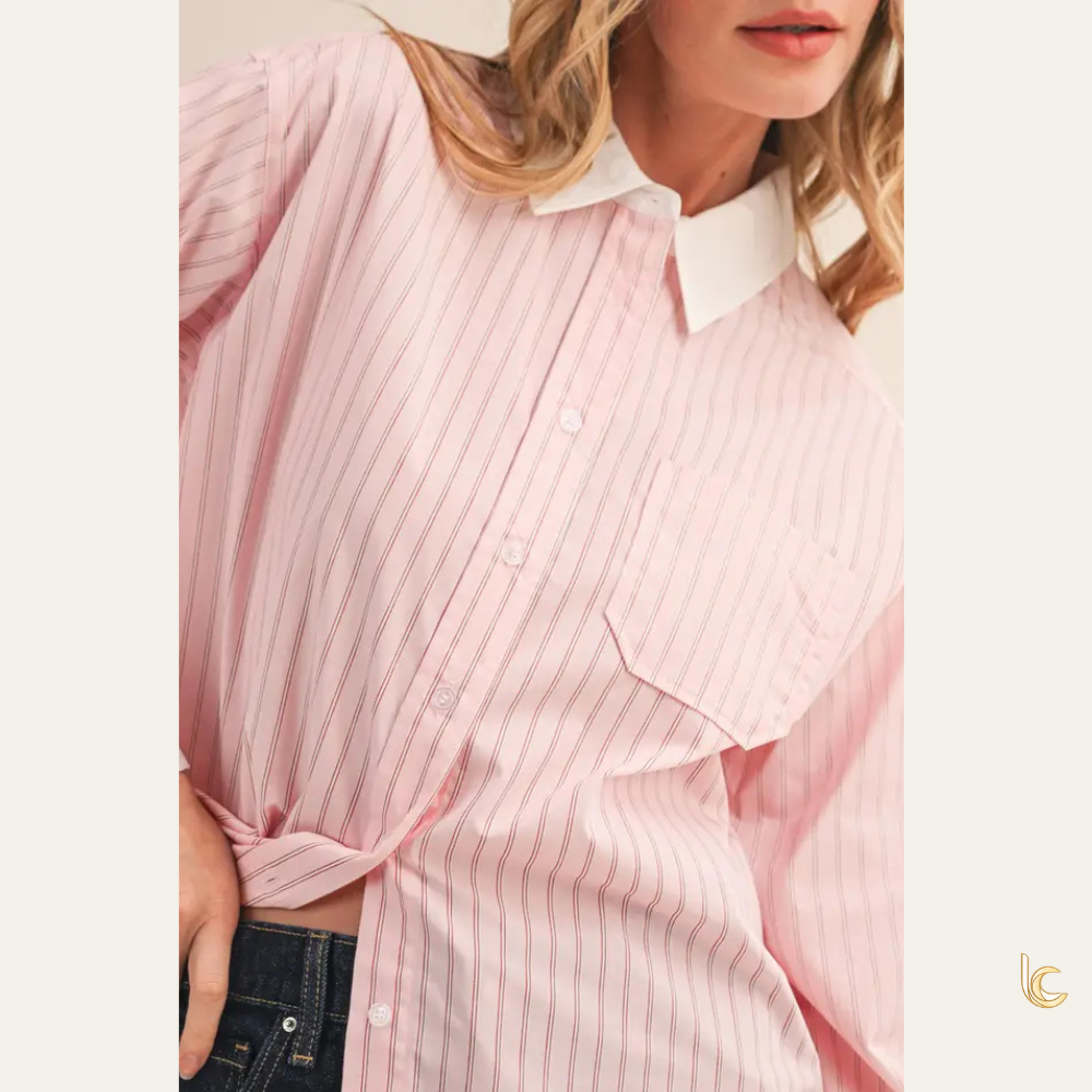 Pink Stripe Contrast Collar Cotton Shirt