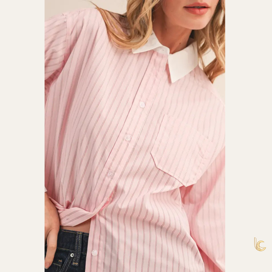 Pink Stripe Contrast Collar Cotton Shirt
