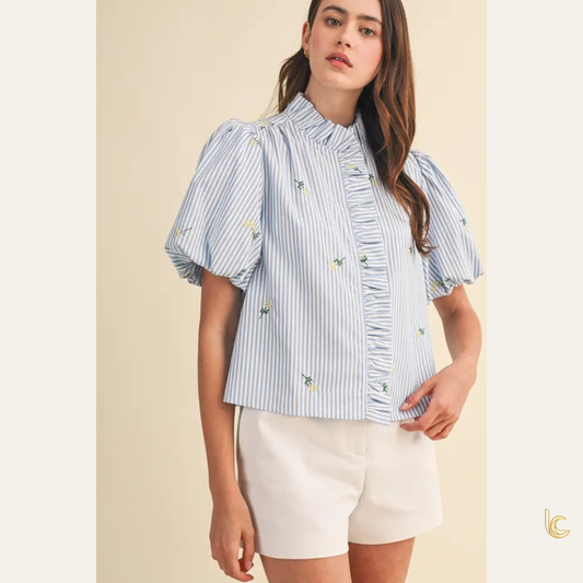 Floral Embroidered Stripe Ruffle Blouse