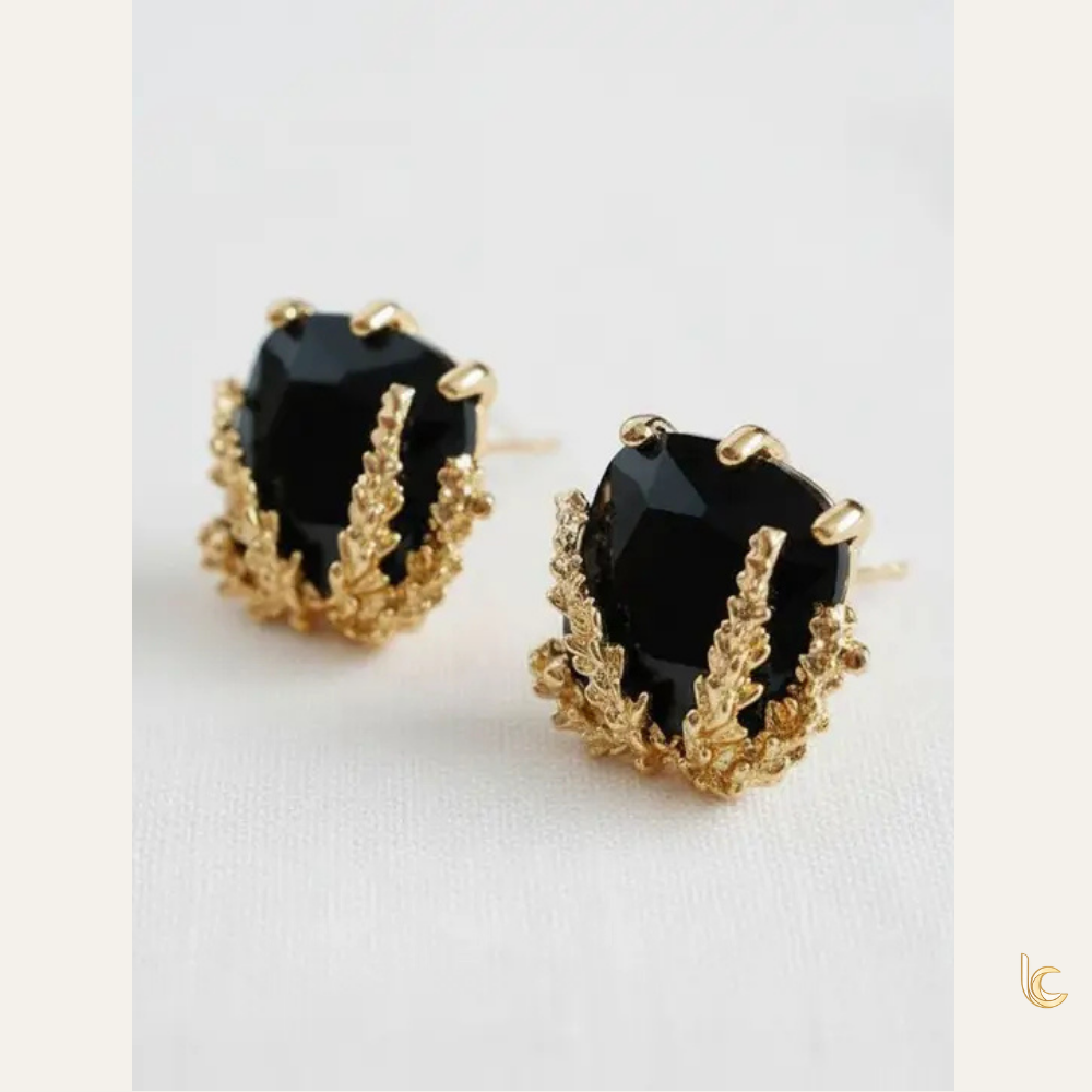 Black Faceted Stone & Gold Botanical Stud Earrings