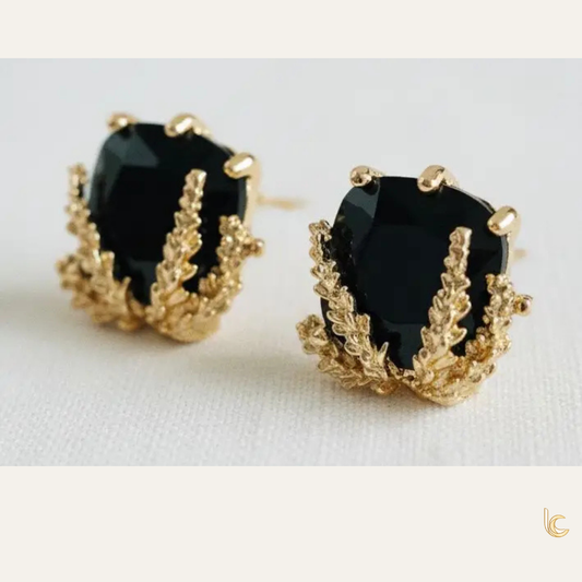Black Faceted Stone & Gold Botanical Stud Earrings