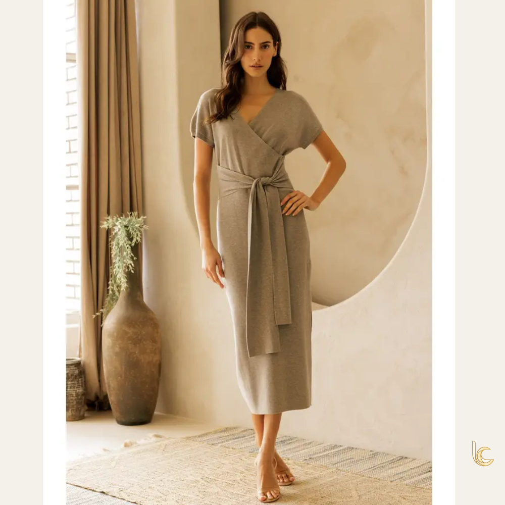 Front Tie Wrap-Style Knit Midi Dress