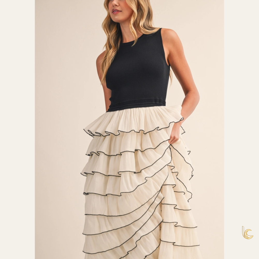 Black & Ivory Ribbed Tank Tiered Maxi Dress