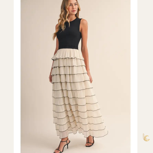 Black & Ivory Ribbed Tank Tiered Maxi Dress