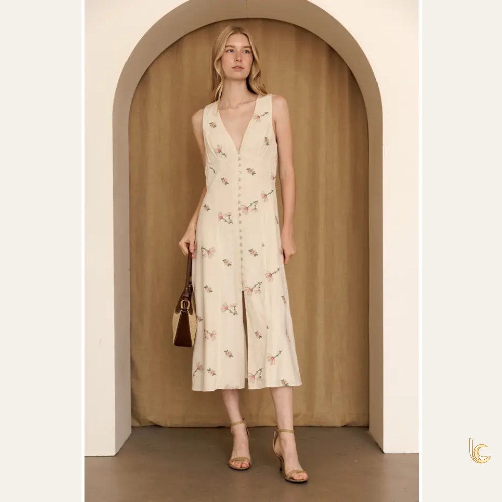 Ivory Embroidered Floral Cotton Midi Dress