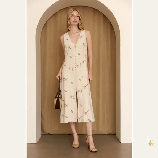 Ivory Embroidered Floral Cotton Midi Dress