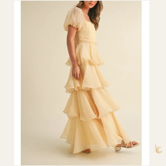 Buttercream Puff Sleeve Tiered Ruffle Maxi Dress