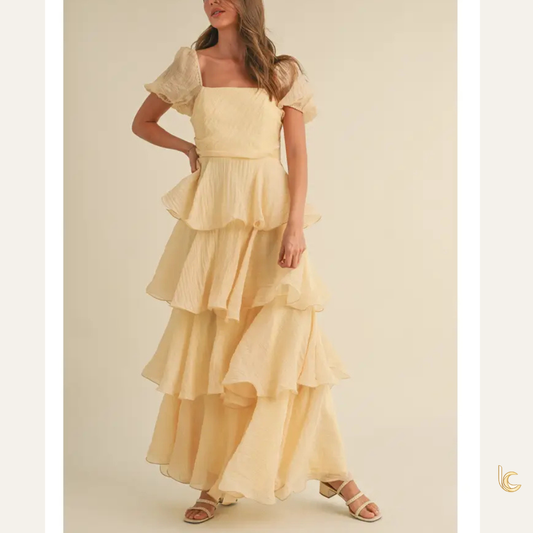 Buttercream Puff Sleeve Tiered Ruffle Maxi Dress