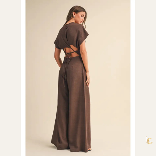 Ruched Wide Leg Jumpsuit with Back Wrap Cutout