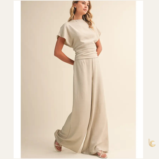 Ruched Wide Leg Jumpsuit with Back Wrap Cutout