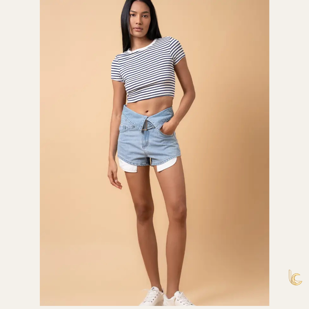 High Rise Flap Waist Denim Shorts