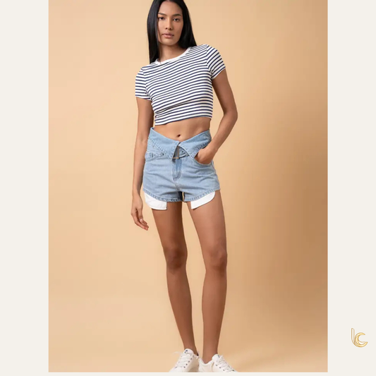 High Rise Flap Waist Denim Shorts