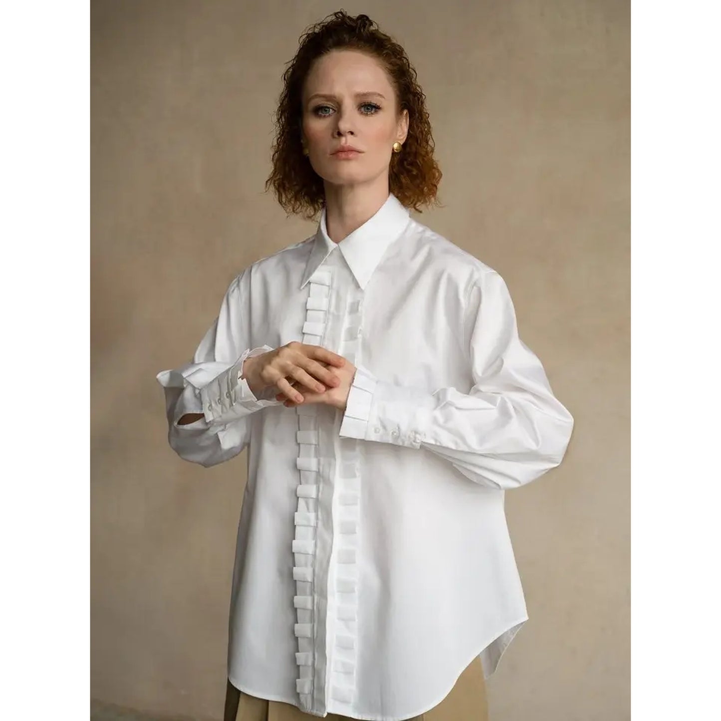 Ruffled White Organic Cotton Satin Shirt