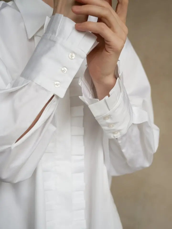 Ruffled White Organic Cotton Satin Shirt