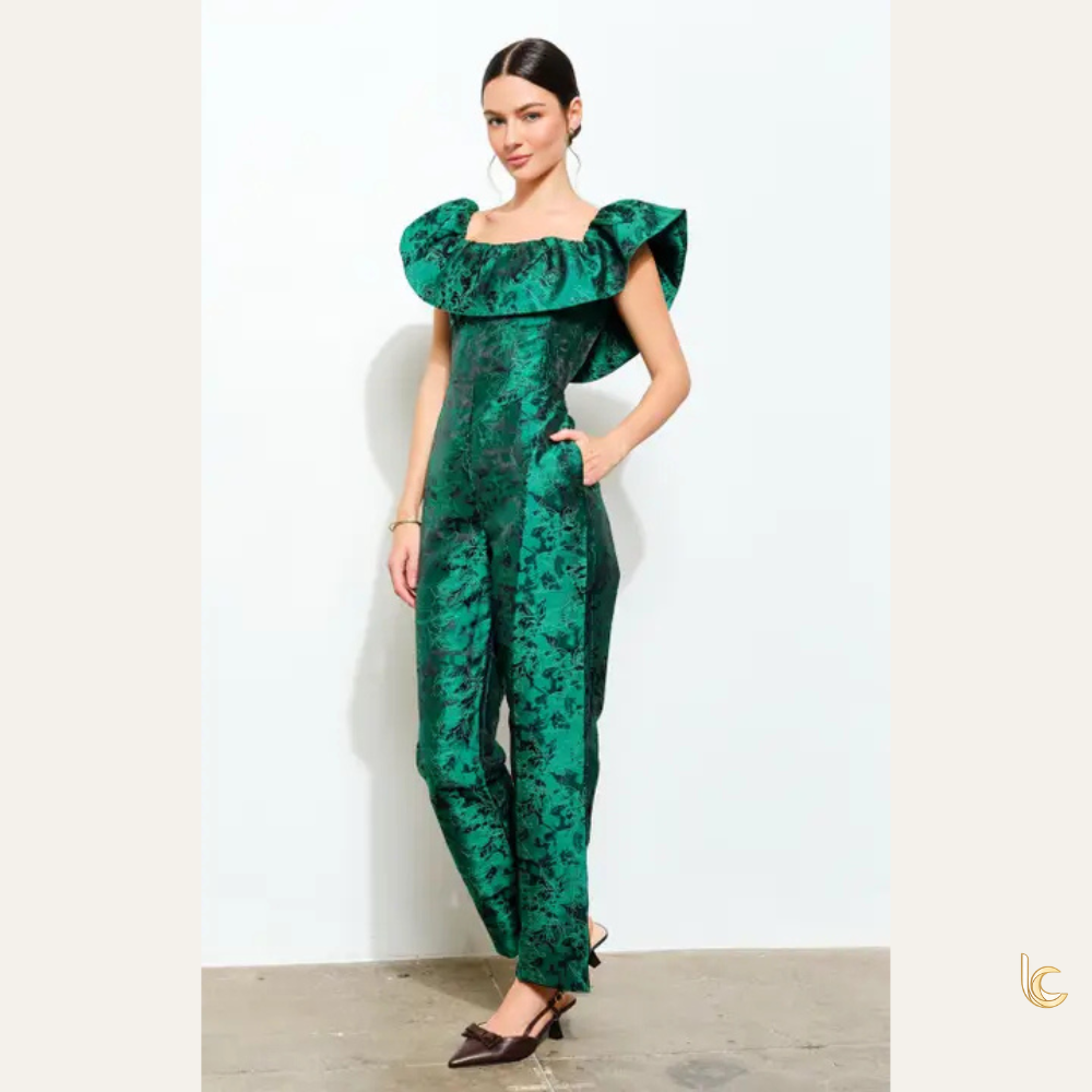 Floral Jacquard Ruffle Shoulder Jumpsuit