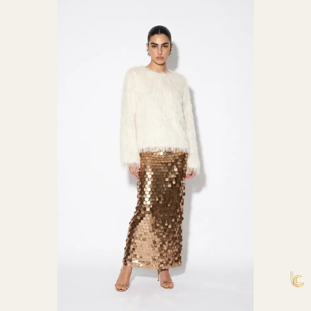 Gold Disc Paillette Column Maxi Skirt