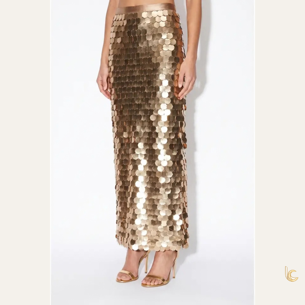 Gold Disc Paillette Column Maxi Skirt