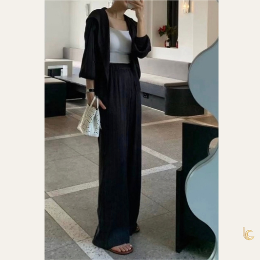 Pleated Hooded Two-Piece Pants Set