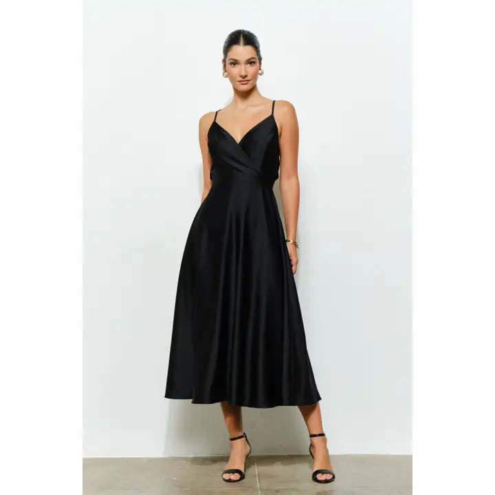 Satin Tie-Back Cross Strap Midi Dress