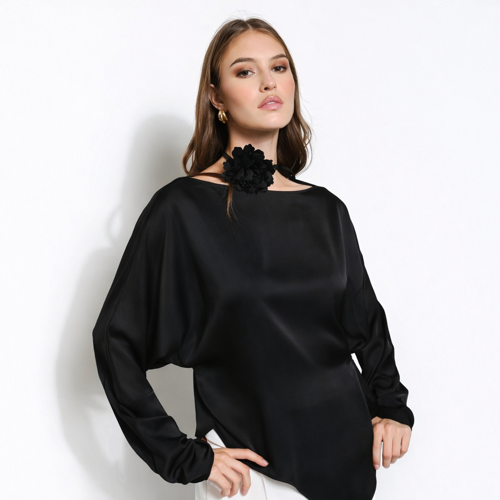 Satin Blouse with Floral Choker