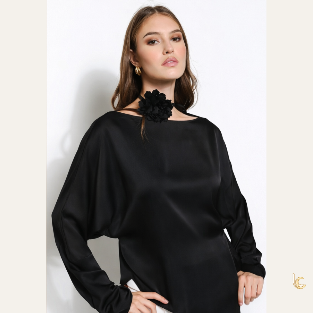 Satin Blouse with Floral Choker