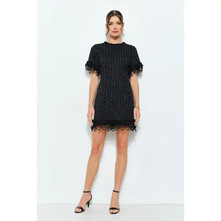 Beaded Fringe Tweed Mini Dress