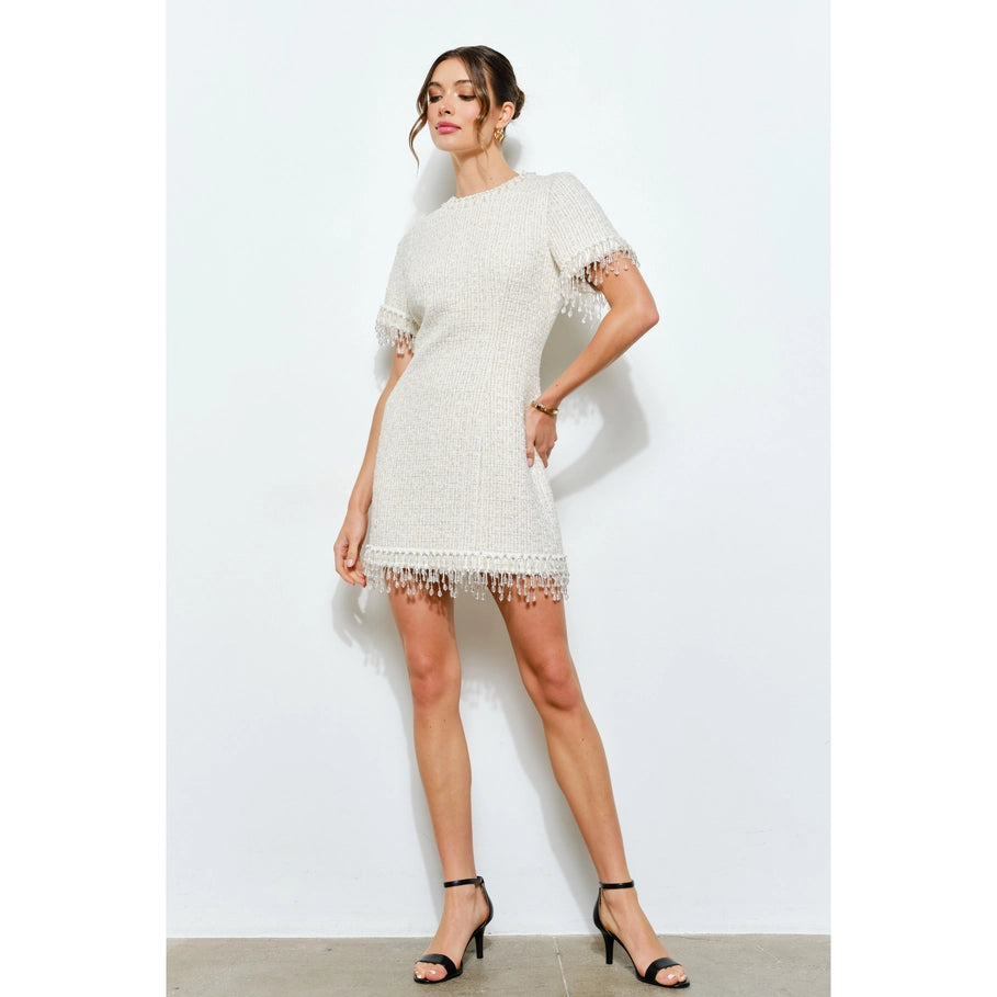 Beaded Fringe Tweed Mini Dress