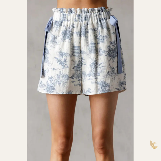 Blue Toile Print Bow Detail High-Waist Shorts
