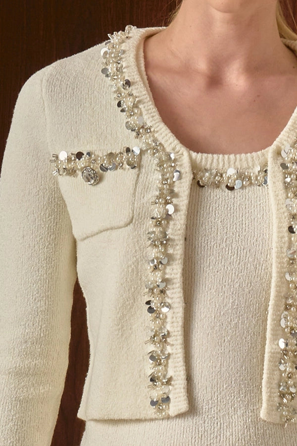 Bouclé Knit Jewel Trim Cardigan – Elegant Embellished Knit Jacket