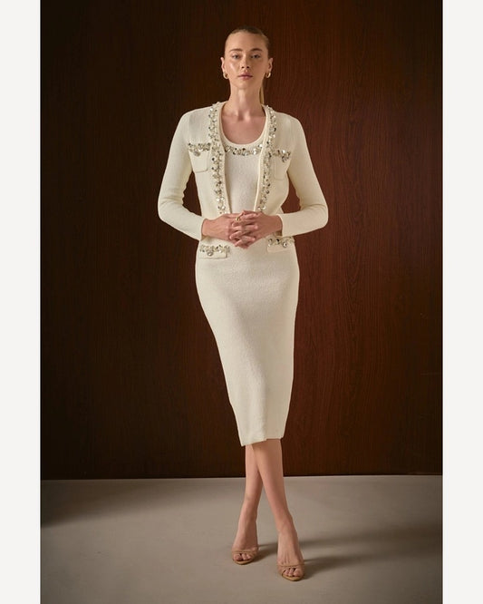 Bouclé Knit Jewel Trim Cardigan – Elegant Embellished Knit Jacket