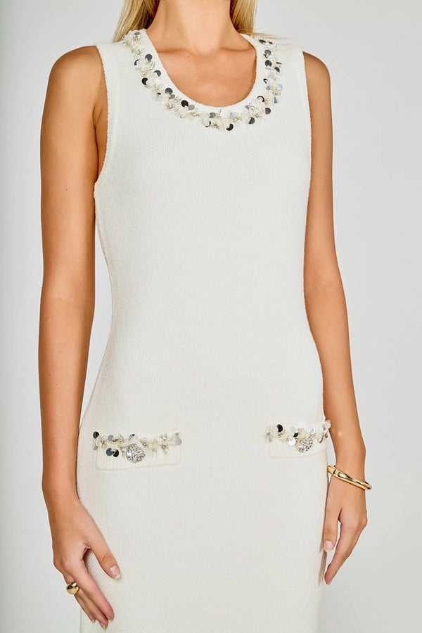 Bouclé Knit Jewel Trim Midi Dress – Elegant Sleeveless Fitted Dress