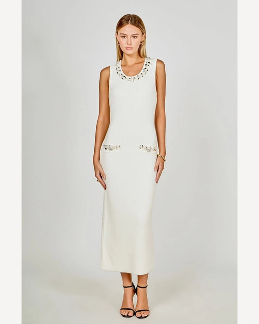 Bouclé Knit Jewel Trim Midi Dress – Elegant Sleeveless Fitted Dress